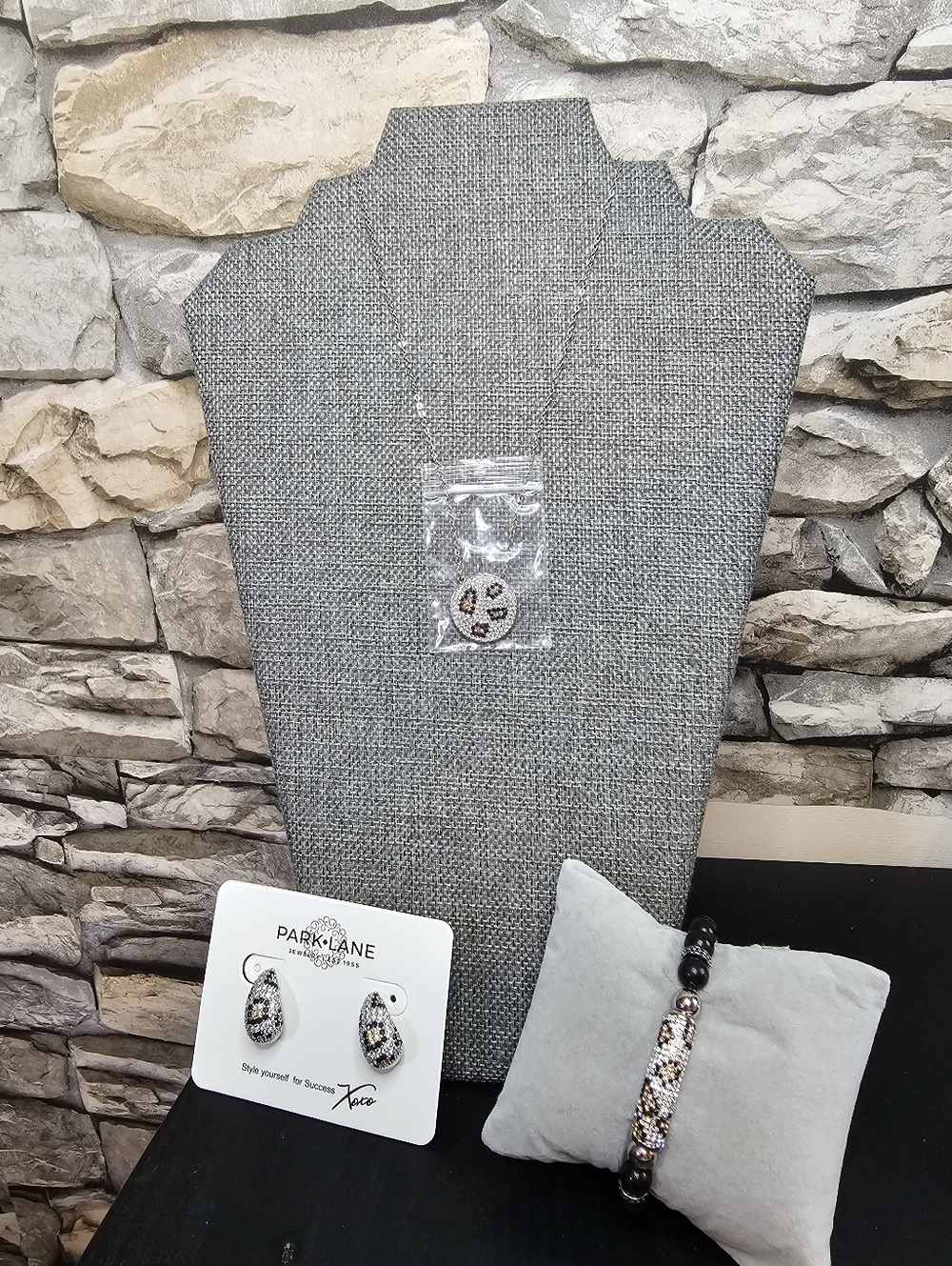 Park Lane Black, Silver & Cream Pave Leopard Jewelry Trio